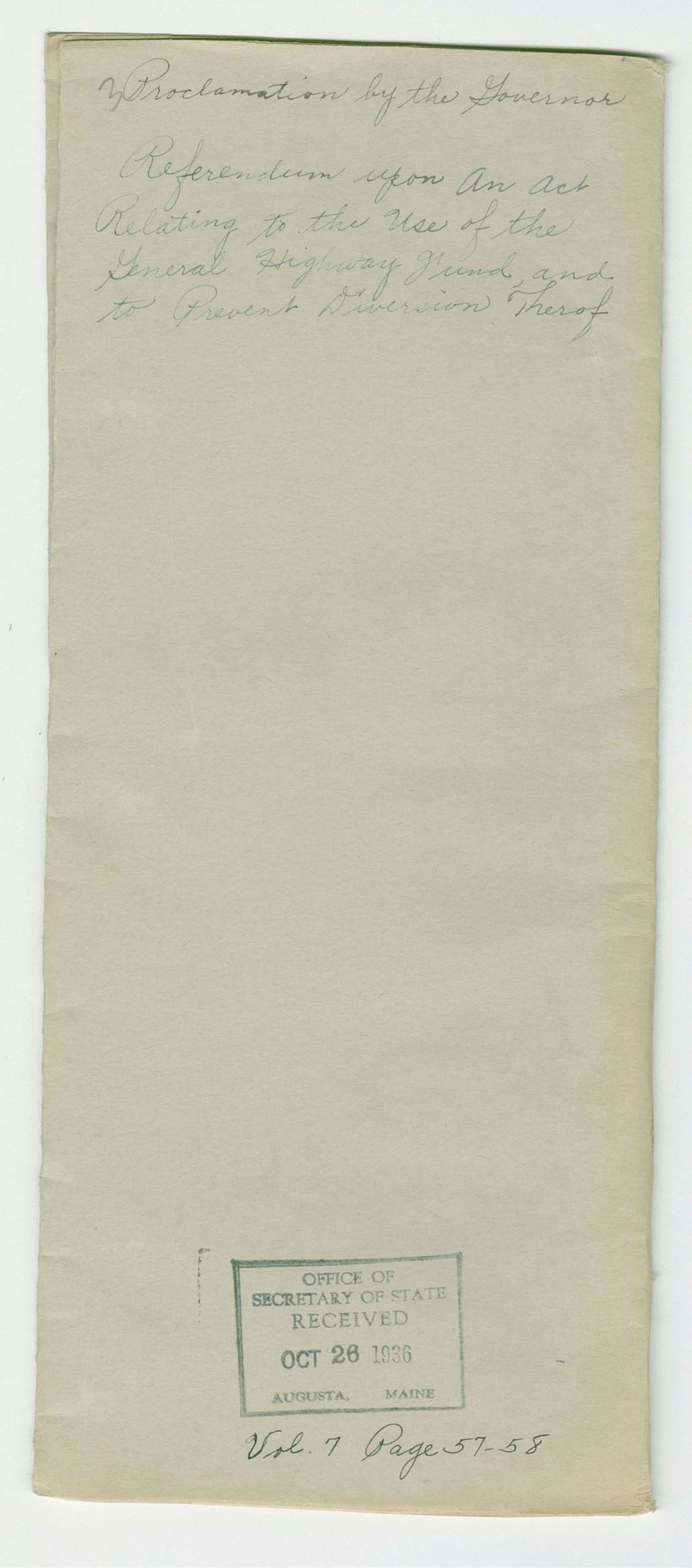 Miniature of Referendum upon and Act Relating to the Use of the General Highway Fund and to Prevent Diversion Thereof