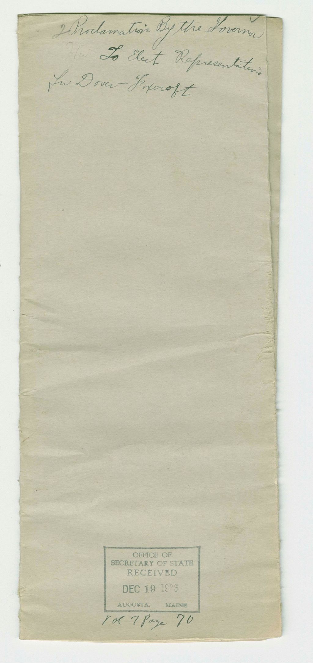 Miniature of Proclamation to Elect Representatives for Dover-Foxcroft