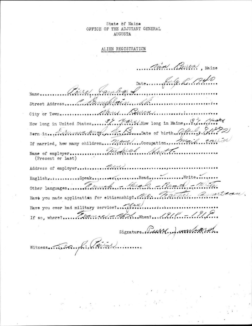 Miniature of Alien Registration- Jambard, Pierre (Van Buren, Aroostook County)