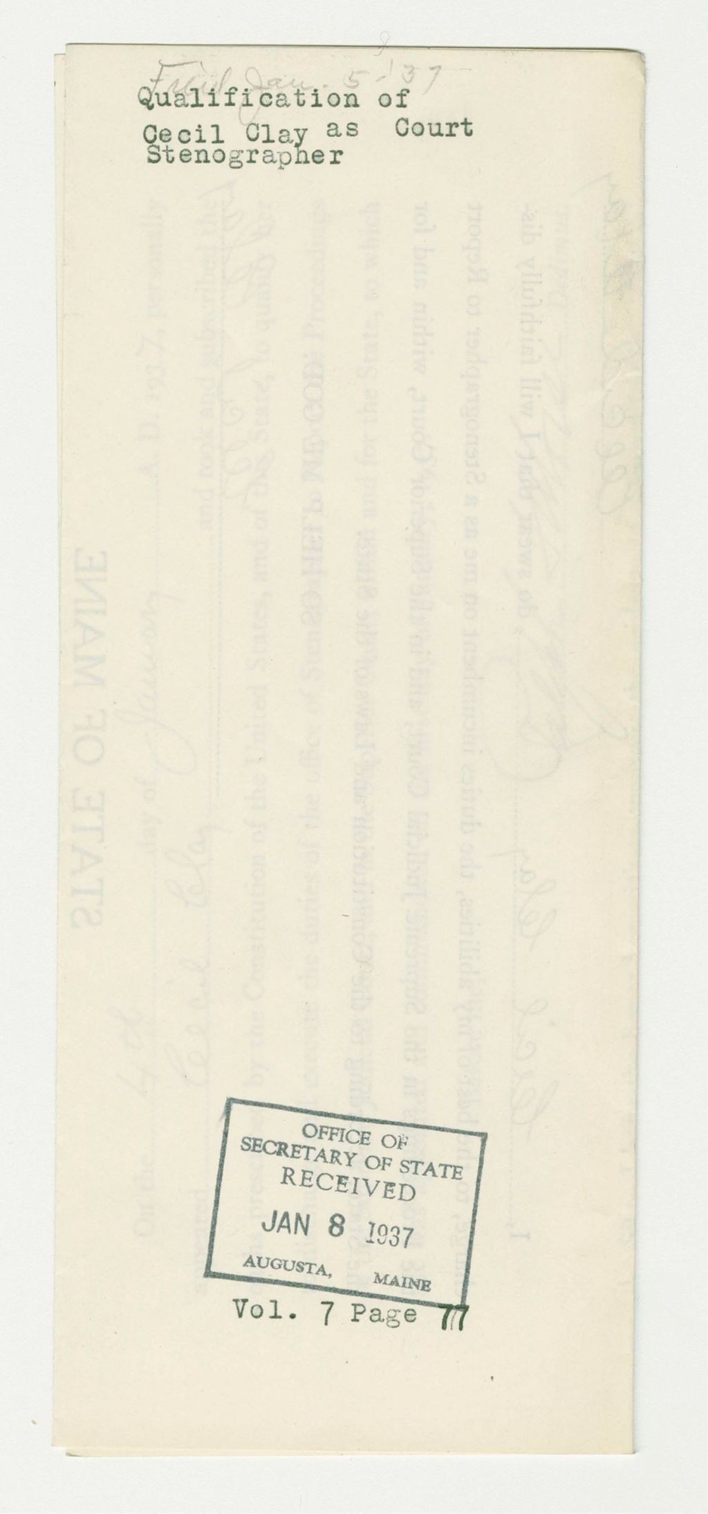 Miniature of Qualification of Cecil Clay as Court Stenographer