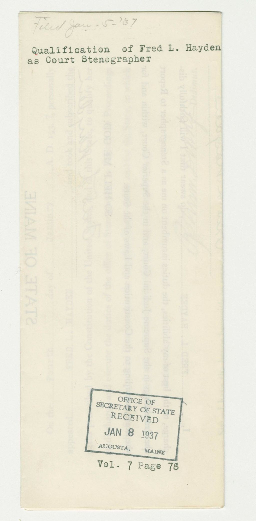 Miniature of Qualification of Fred L. Hayden as Court Stenographer