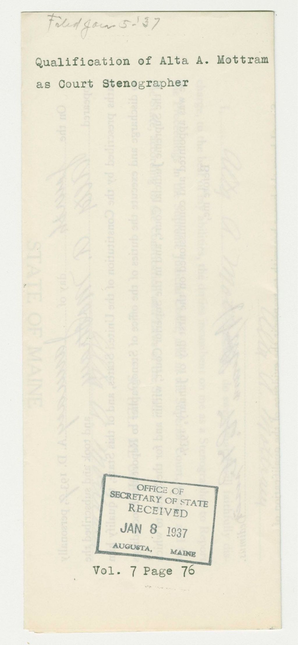 Miniature of Qualification of Alta A. Mottram as Court Stenographer