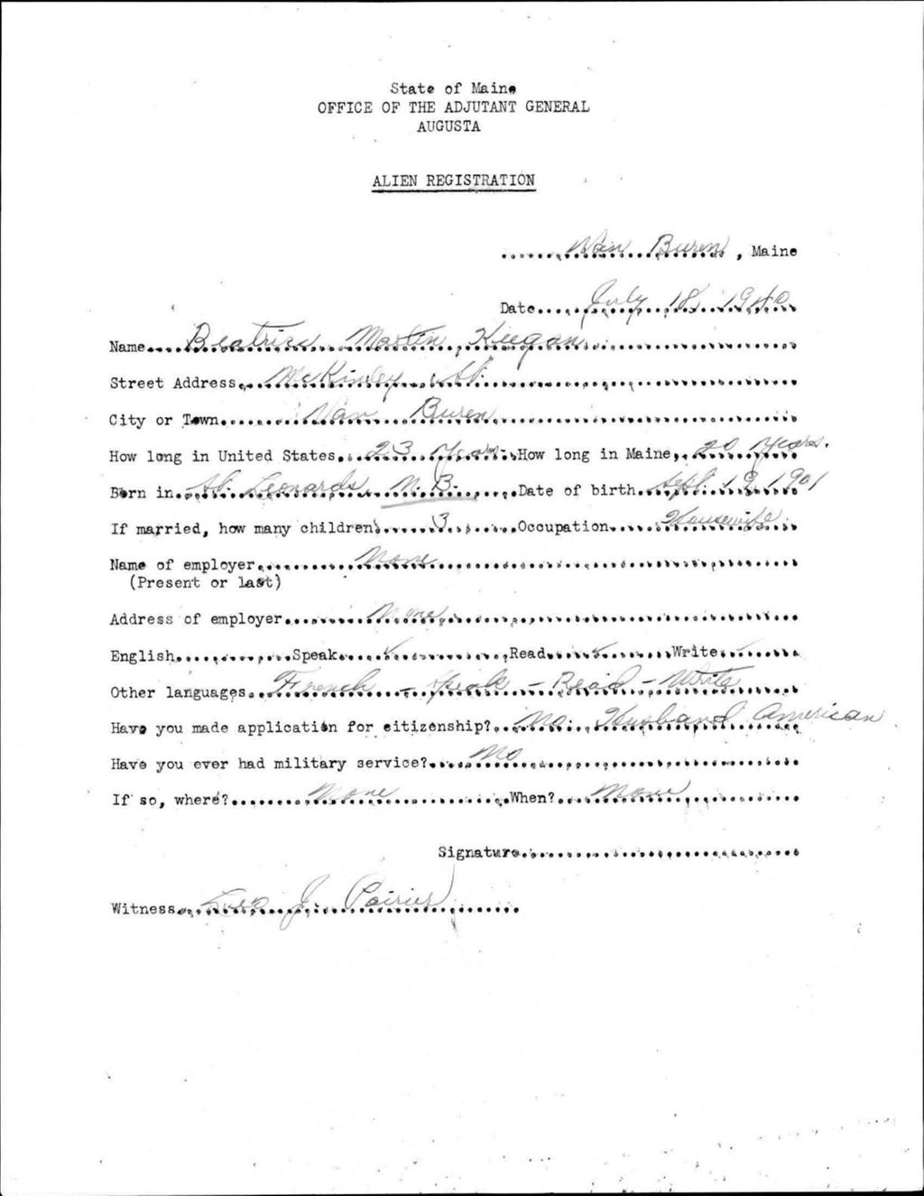 Miniature of Alien Registration- Martin, Beatrice (Van Buren, Aroostook County)