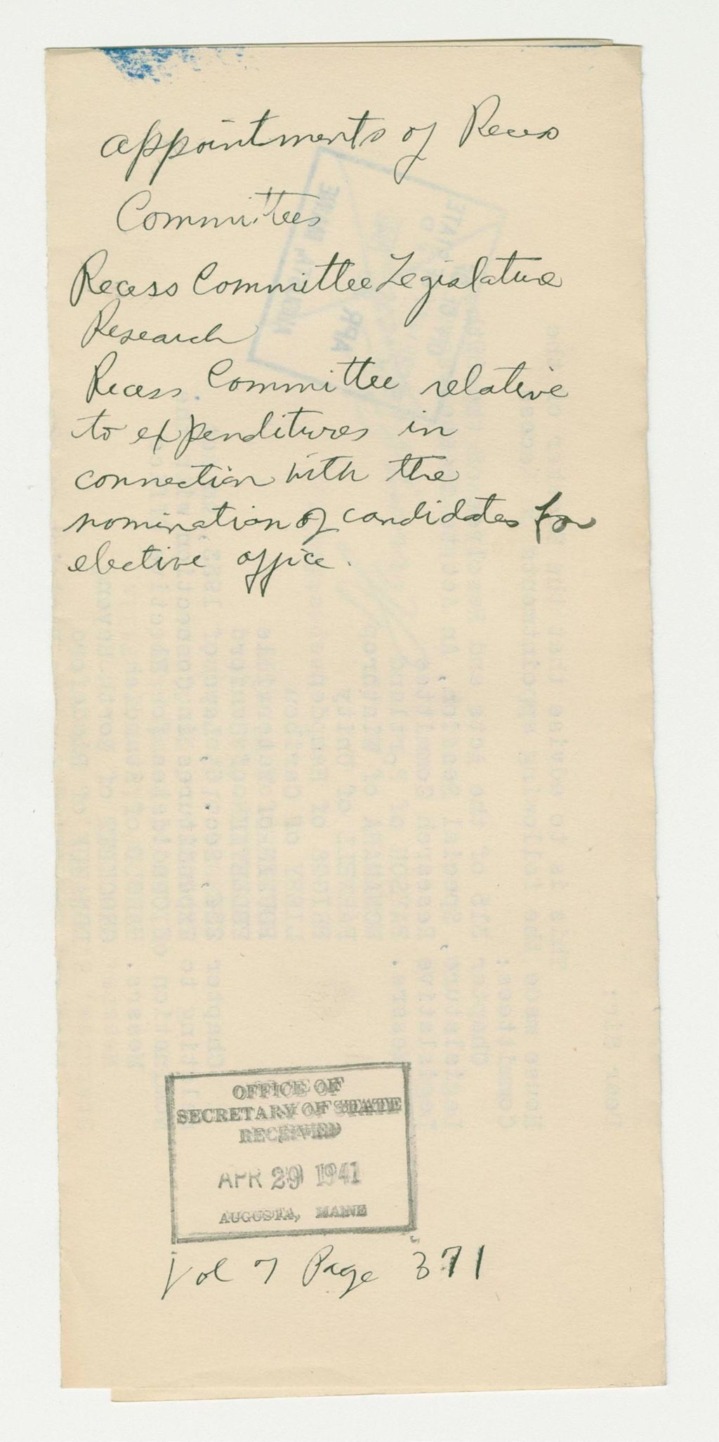 Miniature of Appointments of Recess Committees