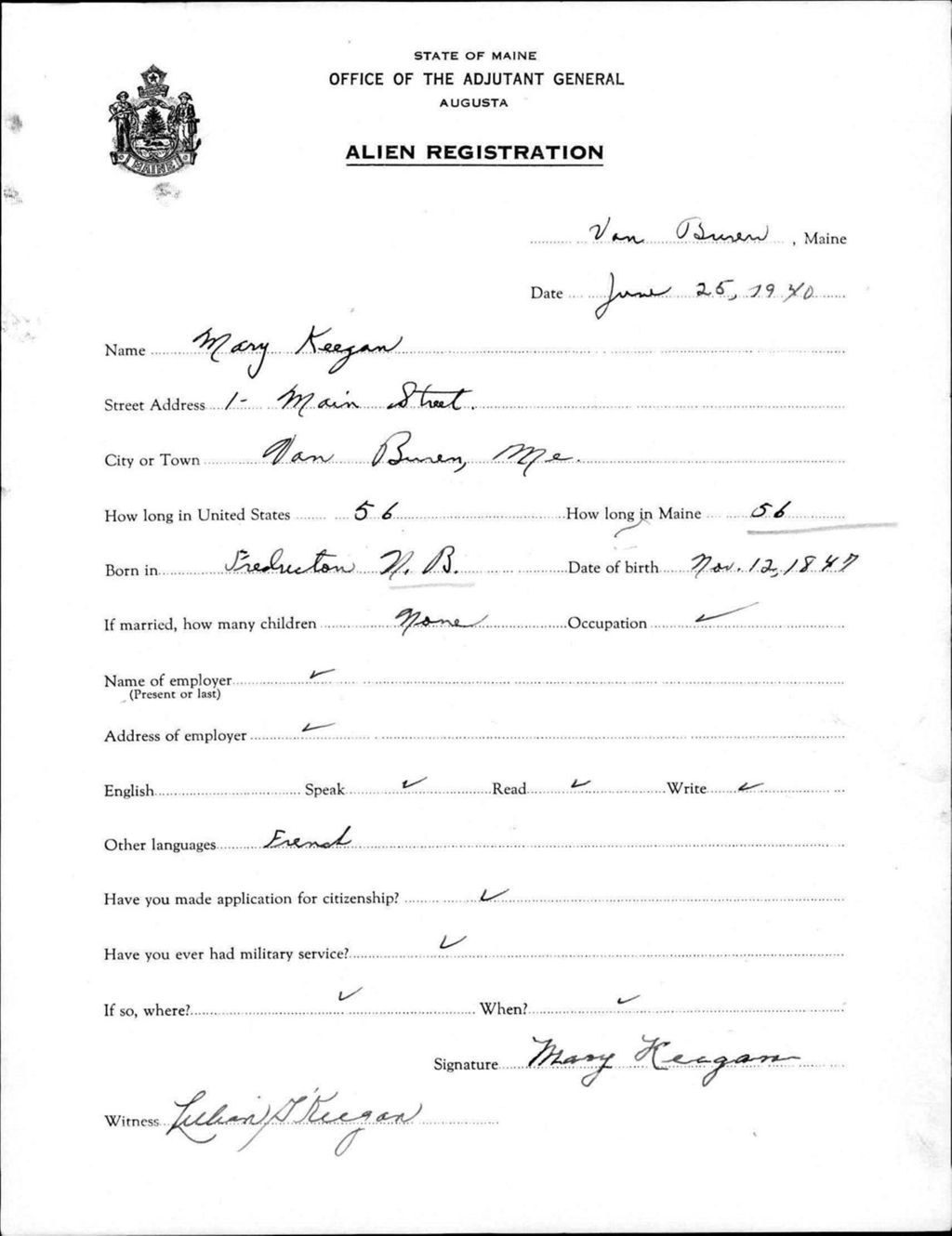 Miniature of Alien Registration- Keegan, Mary (Van Buren, Aroostook County)