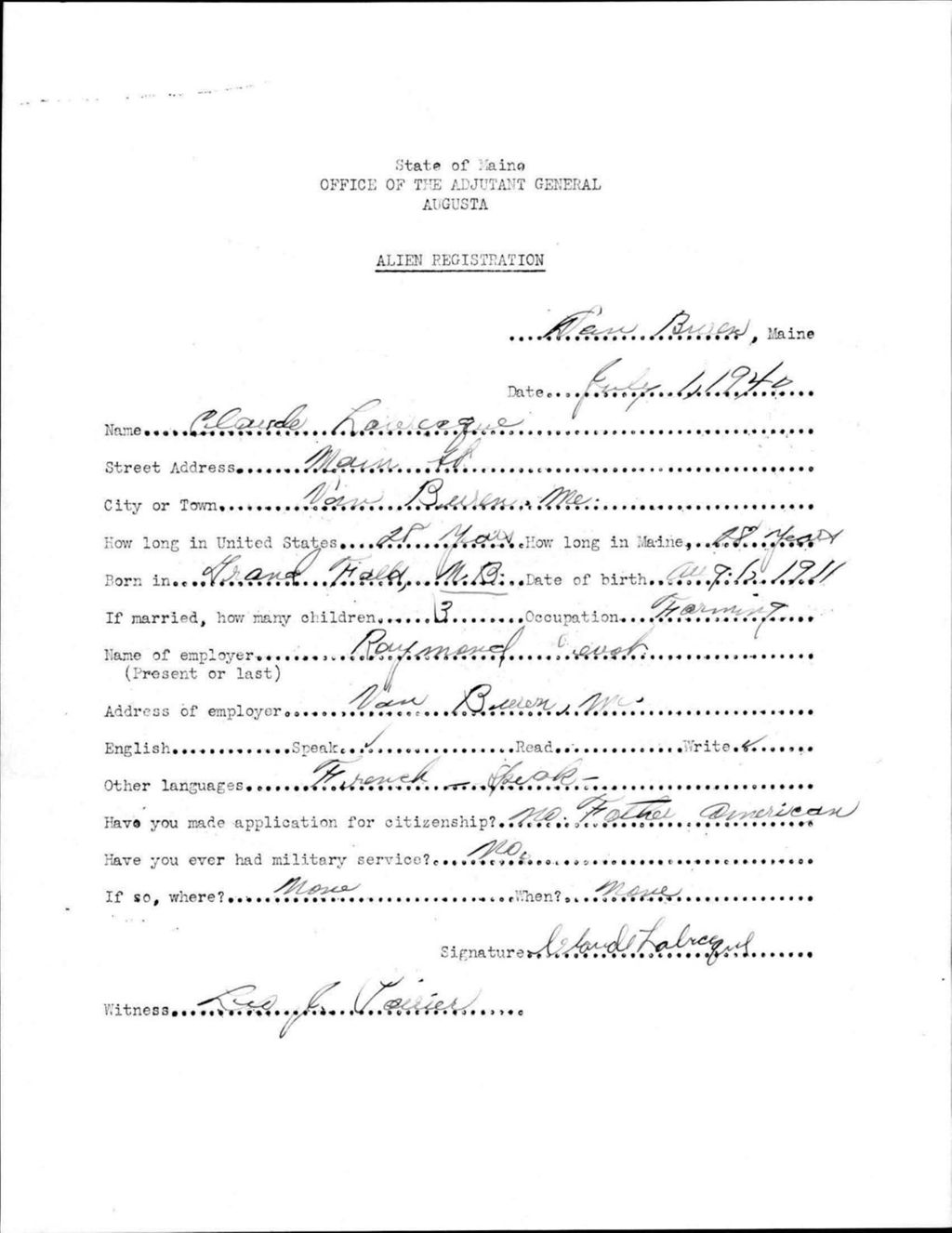 Miniature of Alien Registration- Labrecque, Claude (Van Buren, Aroostook County)