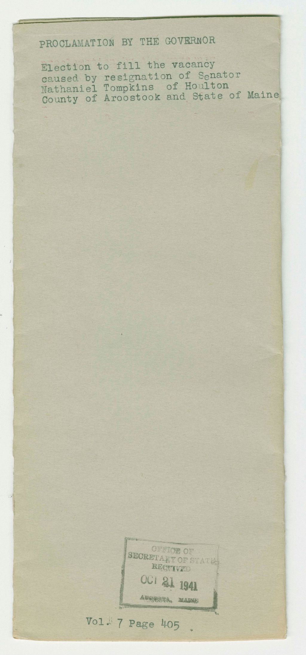 Miniature of Election to fill the vacancy caused by Resignation of Senator Nathaniel Tompkins of Houlton County of Aroostook and State of Maine