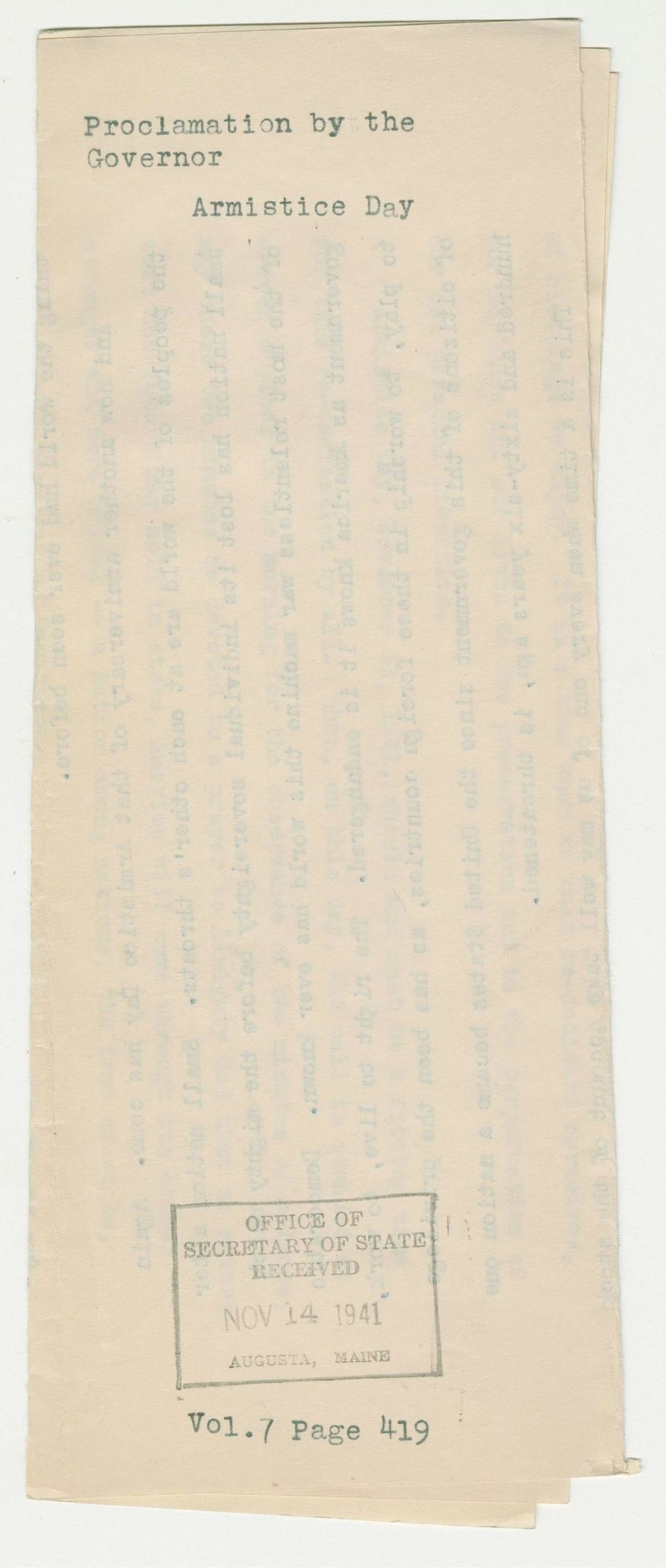 Miniature of Armistice Day Proclamation