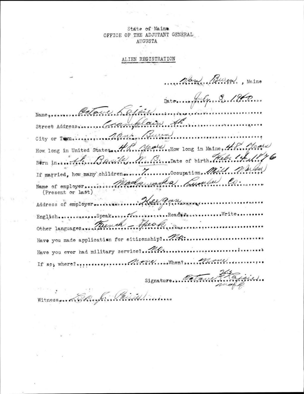 Miniature of Alien Registration- Lajoie, Octave (Van Buren, Aroostook County)