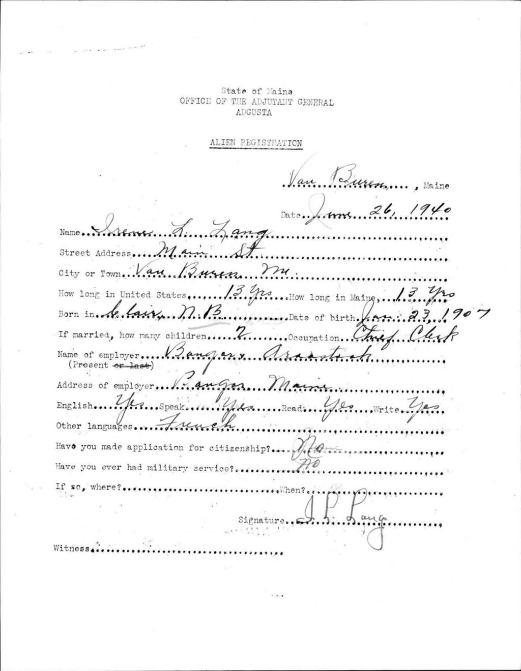 Miniature of Alien Registration- Lang, Irene L. (Van Buren, Aroostook County)