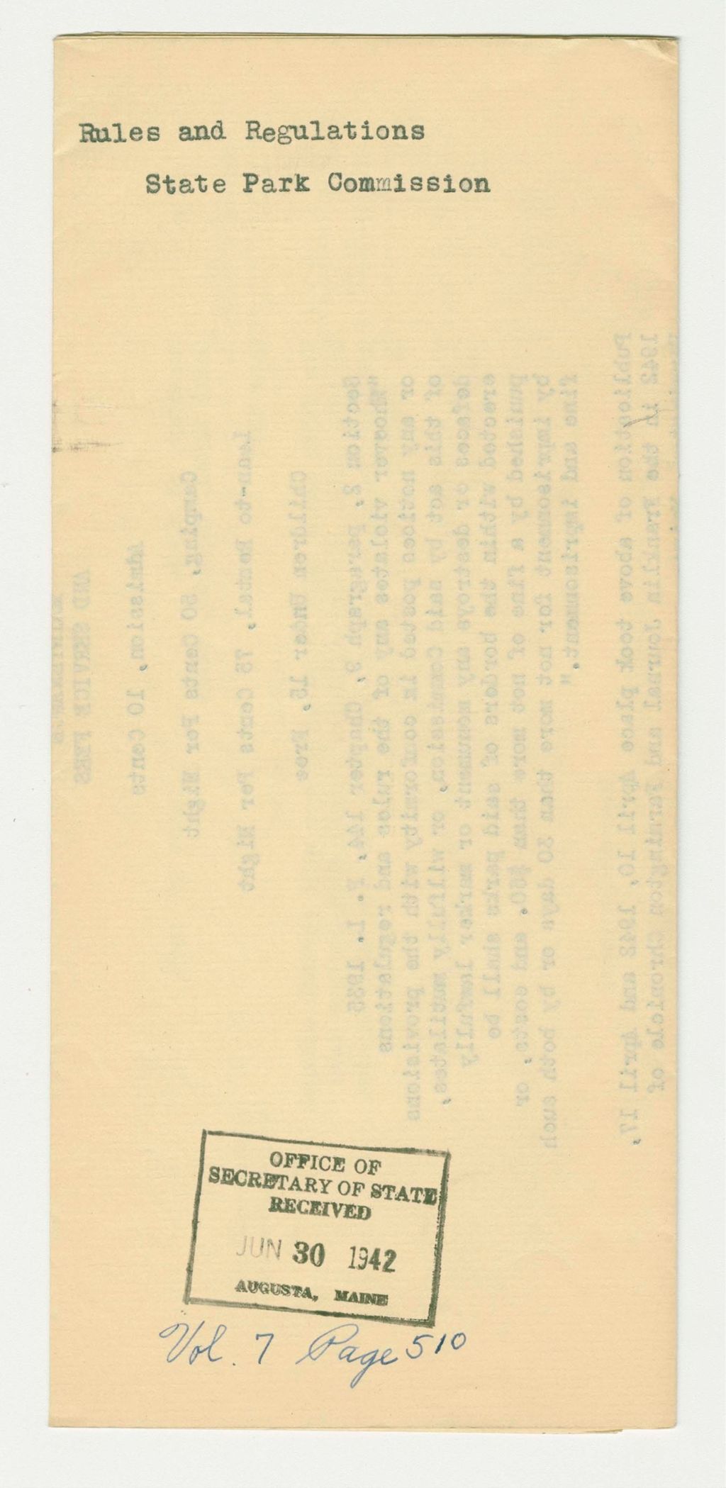 Miniature of Rules and Regulations State Park Commission