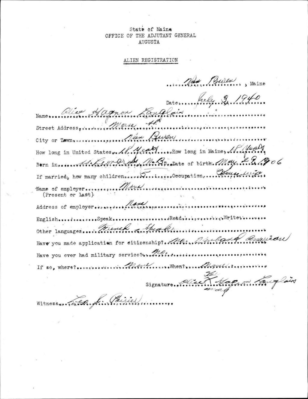 Miniature of Alien Registration- Gagnon, Alice (Van Buren, Aroostook County)