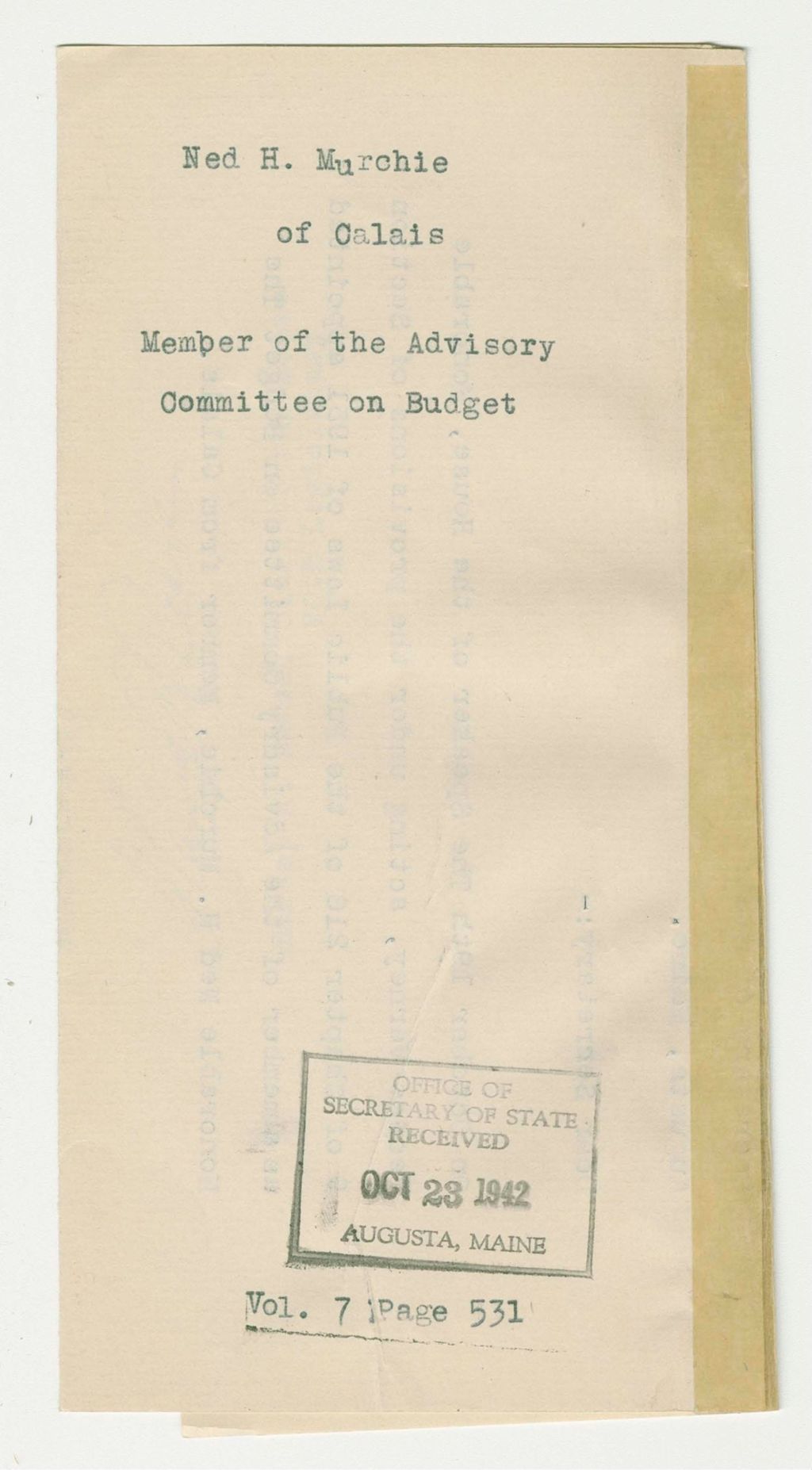 Miniature of Ned H. Murchie of Calais Member of the Advisory Committee on Budget