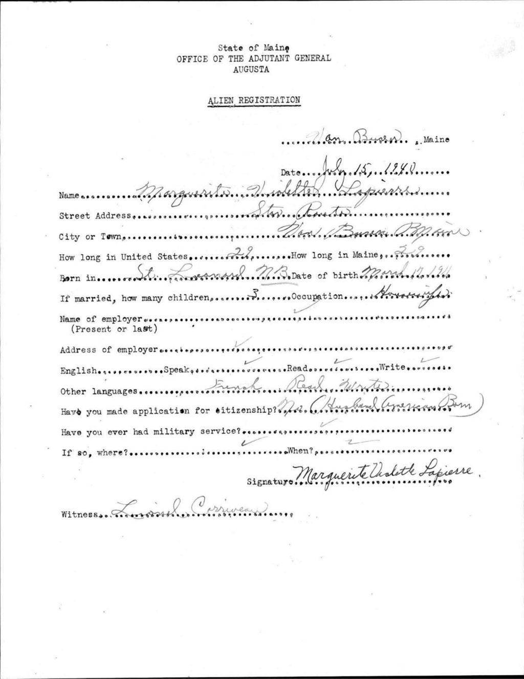 Miniature of Alien Registration- Violette, Marguerite (Van Buren, Aroostook County)