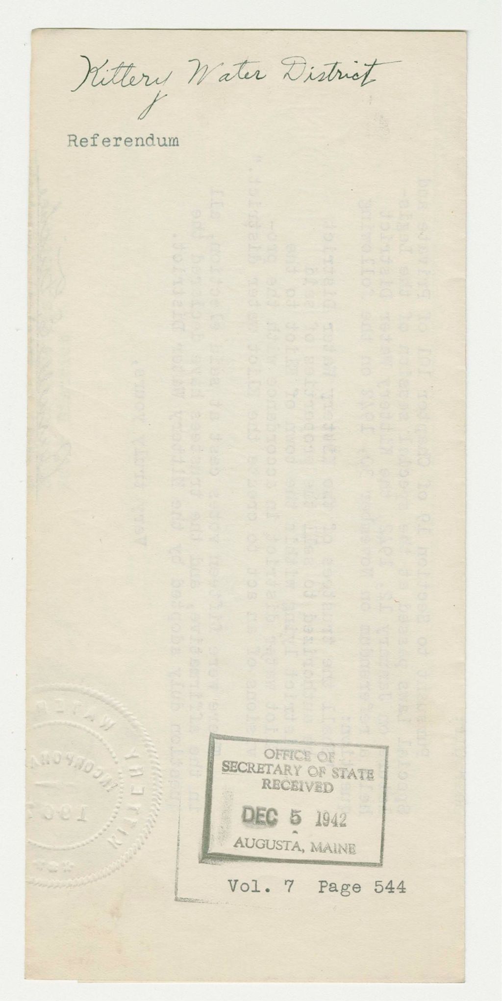 Miniature of Kittery Water District Referendum