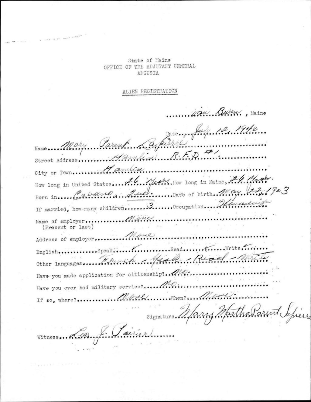 Miniature of Alien Registration- Parent, Mary (Van Buren, Aroostook County)