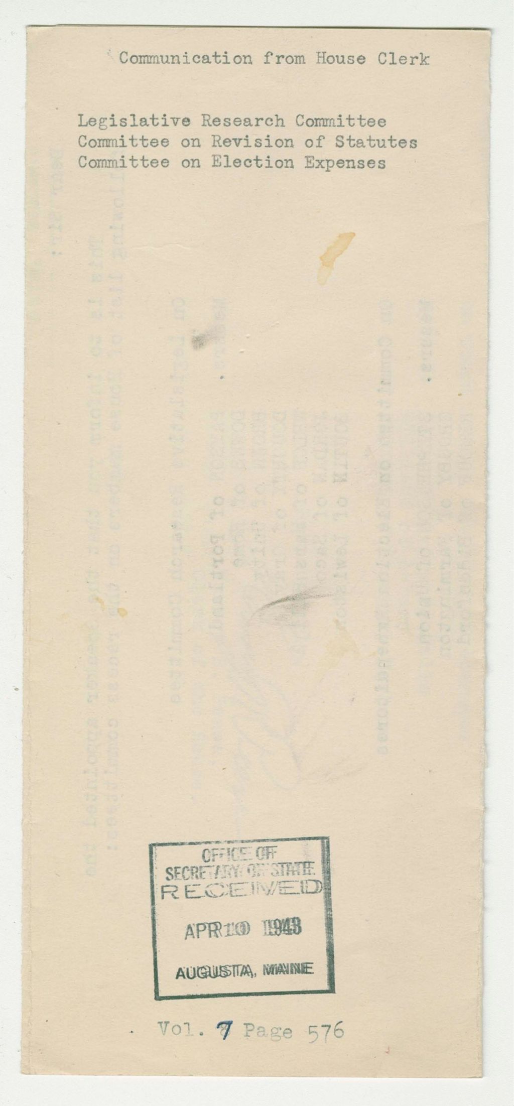 Miniature of Communication from House Clerk on Committees on Legislative Research, Revision of Statutes, Election Expenses
