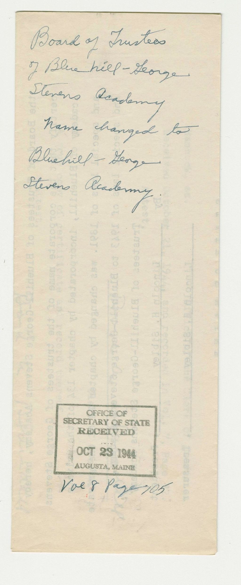 Miniature of Board of Trustees of Bluehill-George Stevens Academy name changed to Bluehill-George Stevens Academy