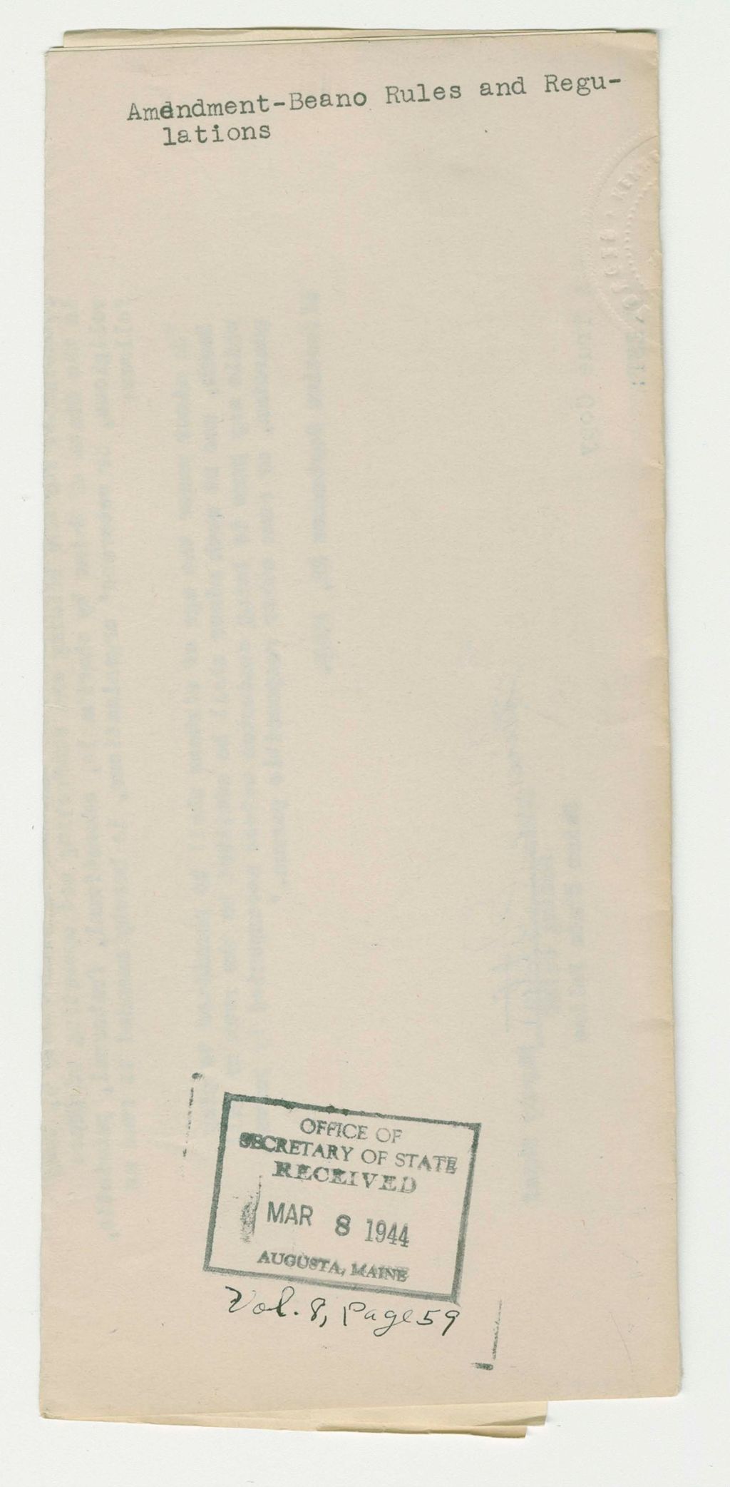Miniature of Amendment-Beano Rules and Regulations