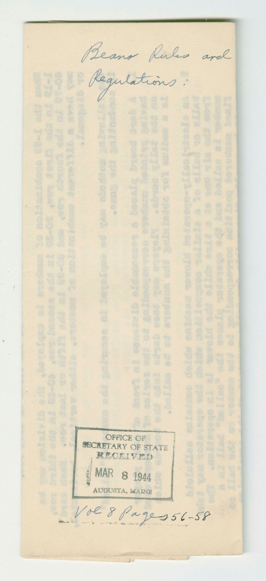 Miniature of Beano Rules and Regulations