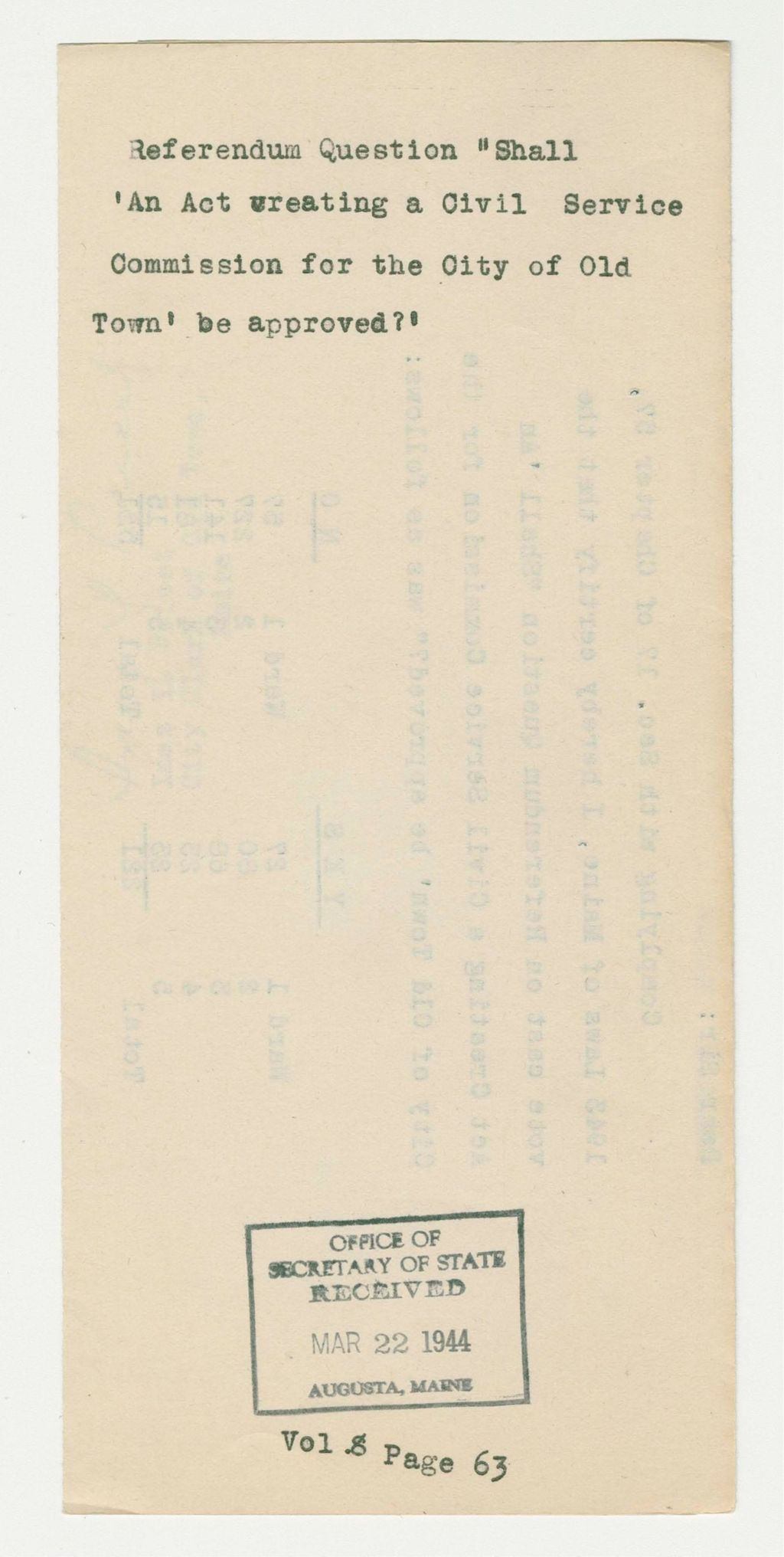 Miniature of Referendum Question "Shall 'An Act creating a Civil Service Commission for the City of Old Town' be approved?"
