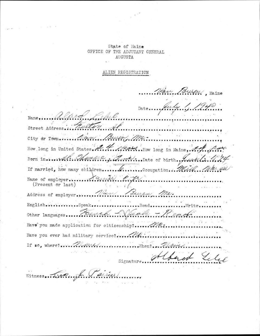 Miniature of Alien Registration- Lebel, Alfred (Van Buren, Aroostook County)