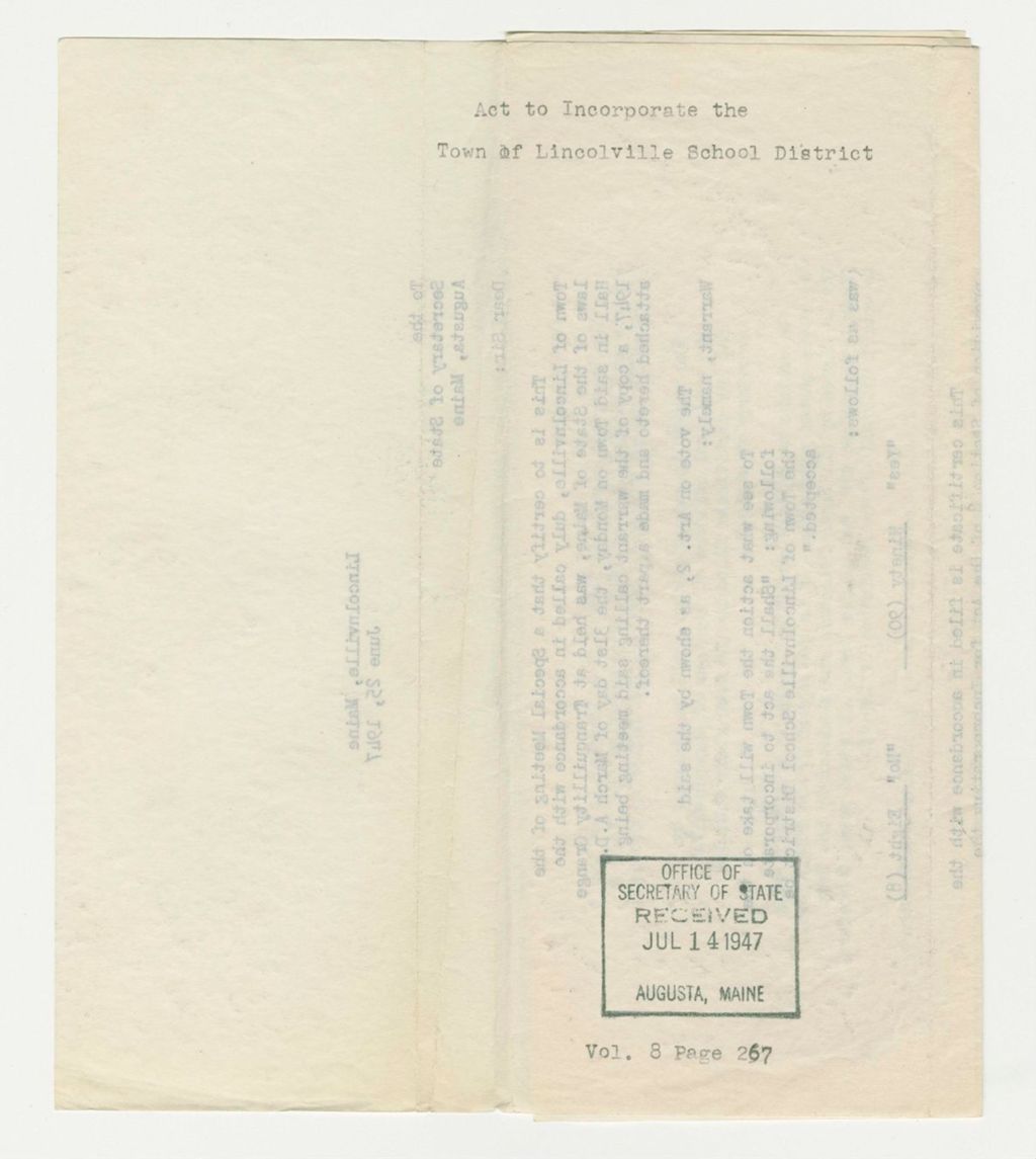 Miniature of Act to Incorporate the Town of Lincolnville School District