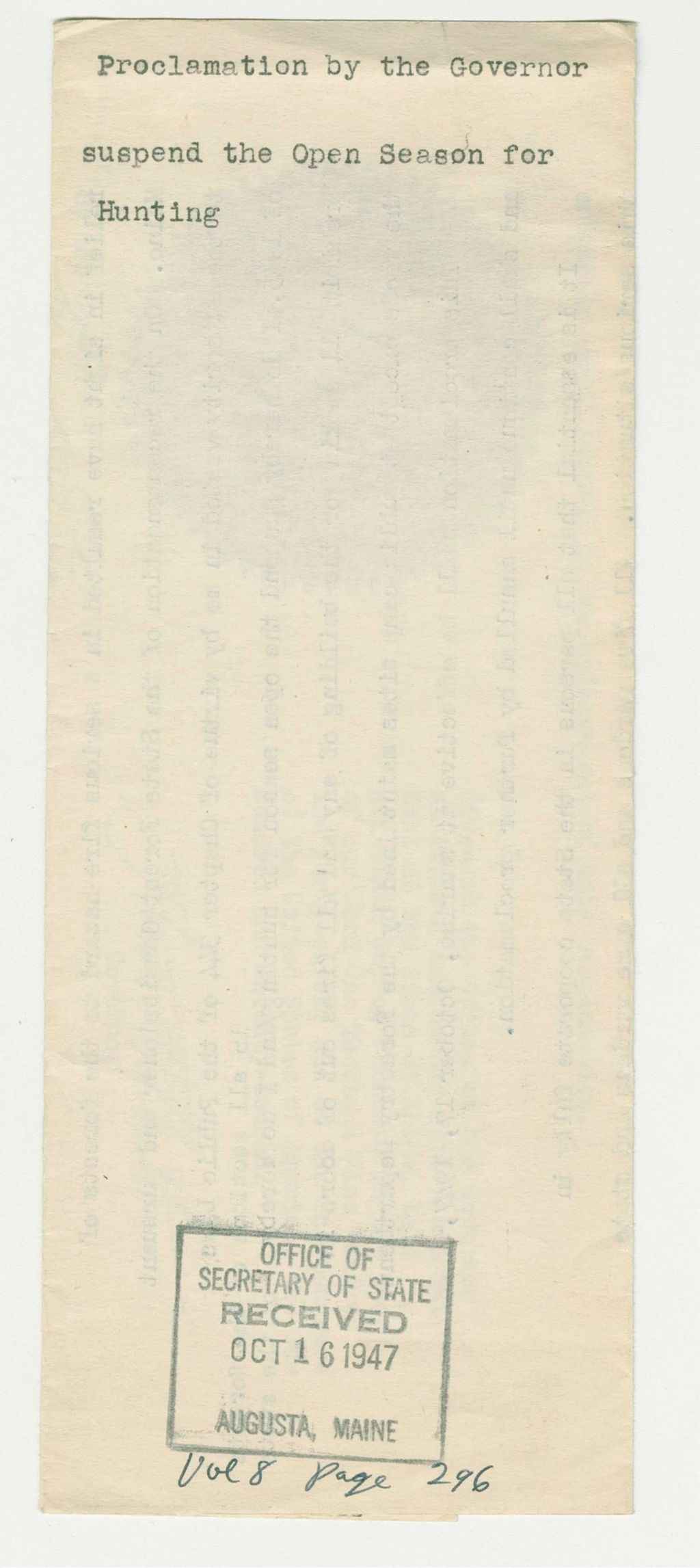 Miniature of Proclamation by the Governor suspend the Open Season for Hunting
