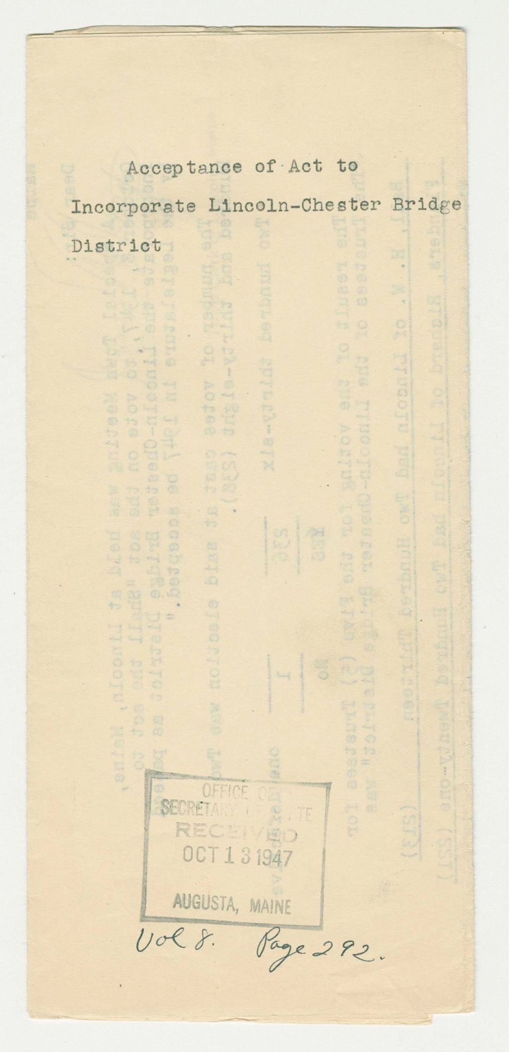 Miniature of Acceptance of Act to Incoporate Lincoln-Chester Bridge District