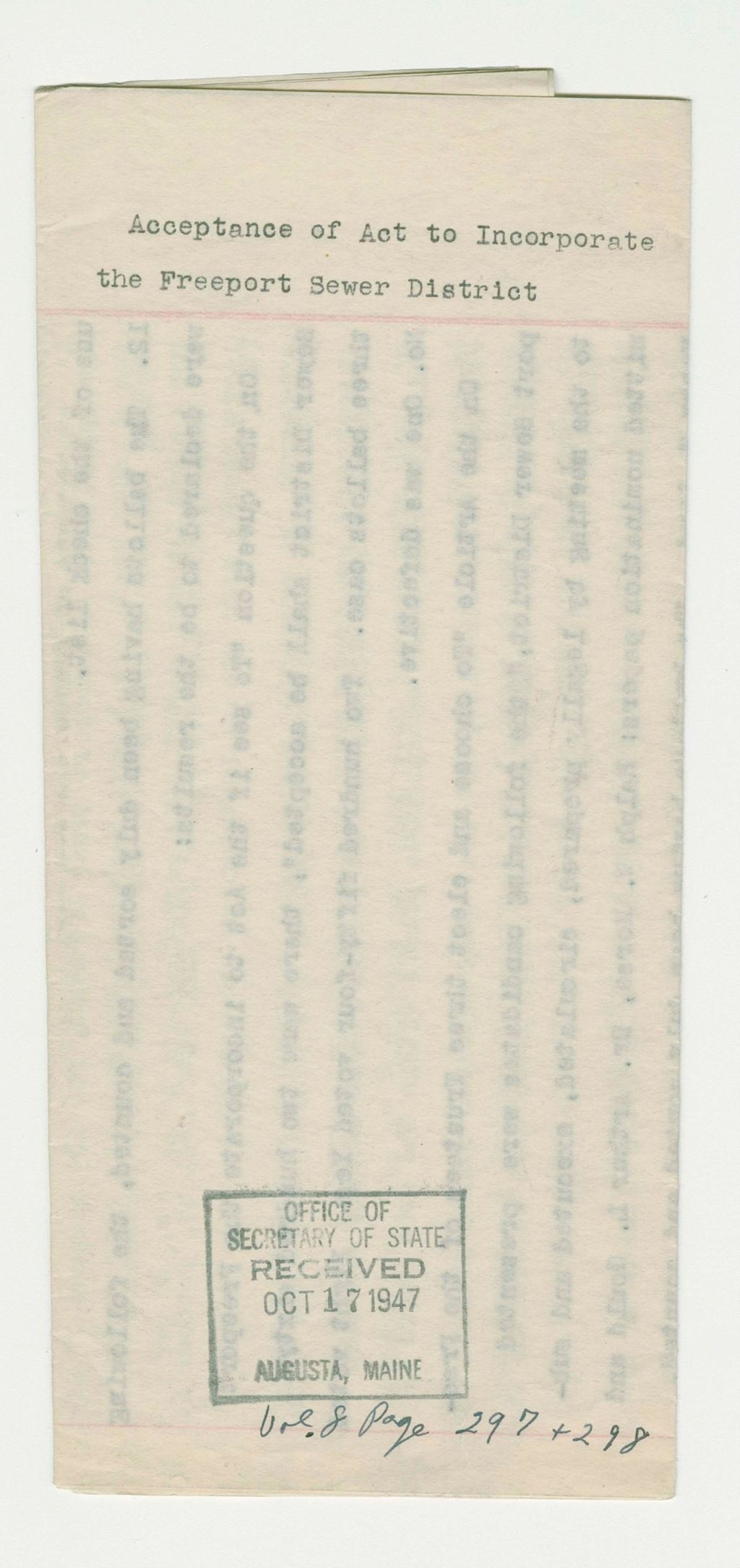 Miniature of Acceptance of Act to Incorporate the Freeport Sewer District
