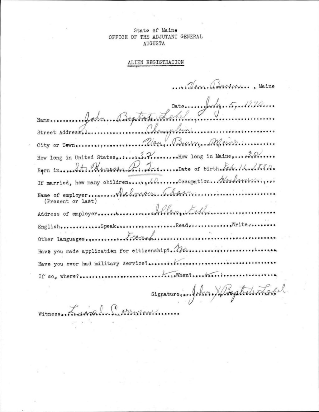 Miniature of Alien Registration- Lebel, John B. (Van Buren, Aroostook County)