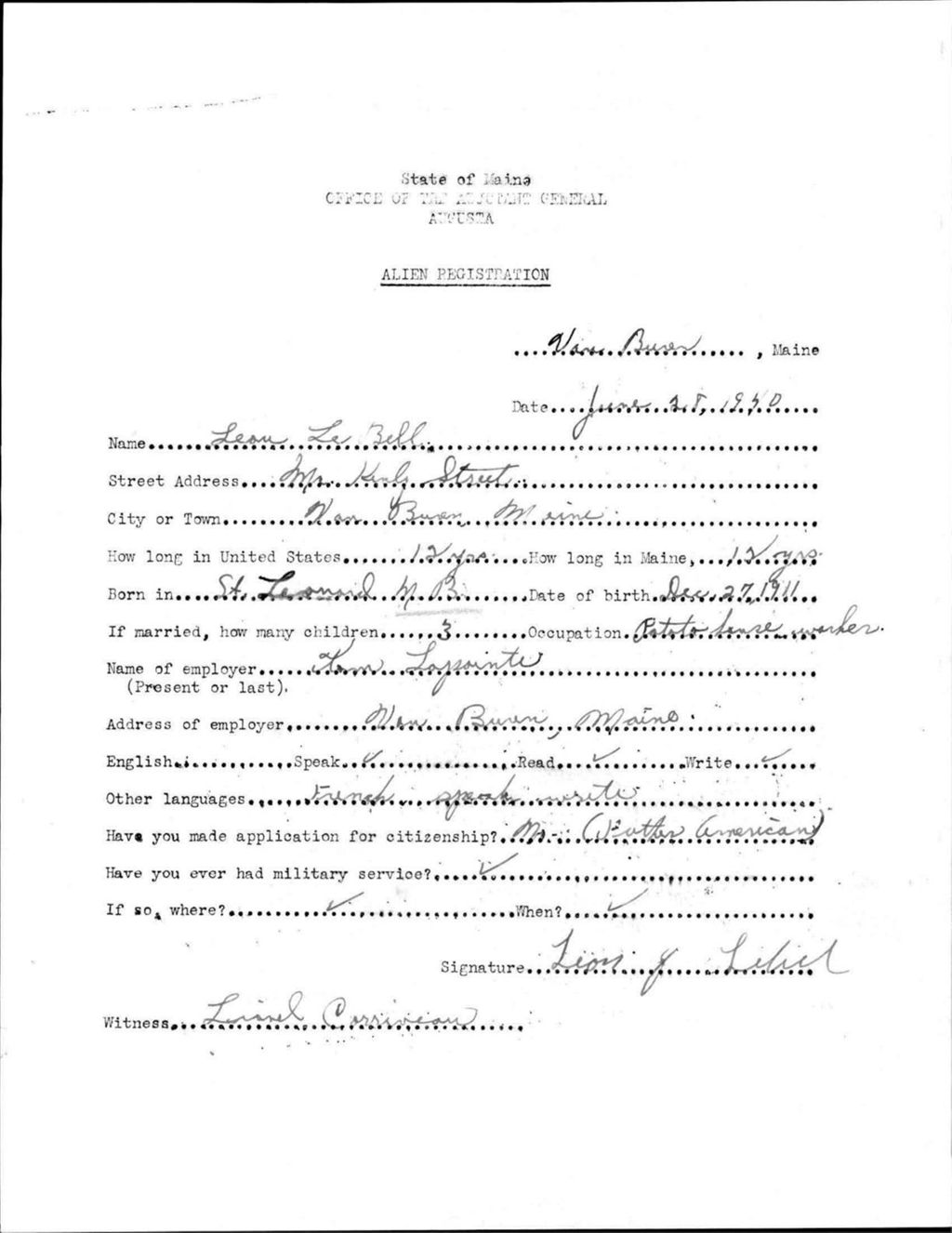 Miniature of Alien Registration- Lebell, Leon (Van Buren, Aroostook County)