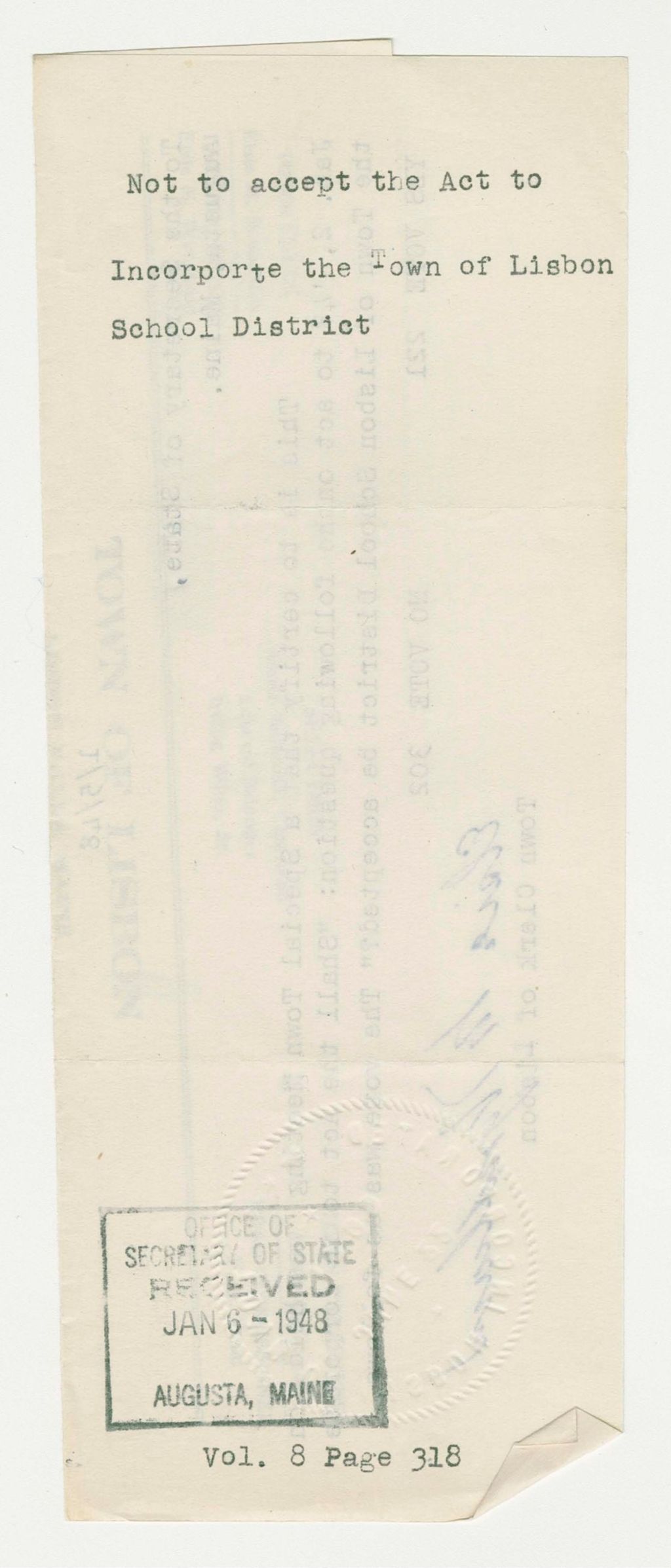 Miniature of Not to accept the Act to Incorporate the Town of Lisbon School District