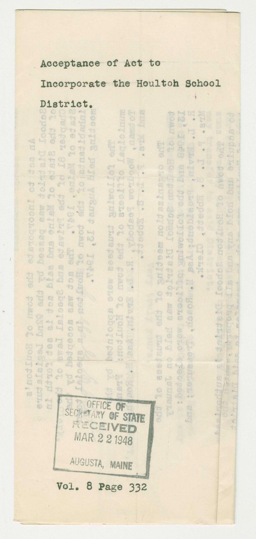 Miniature of Acceptance of Act to Incorporate the Houlton School District