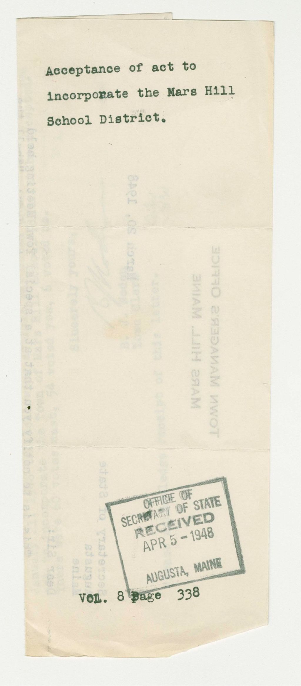 Miniature of Acceptance of act to incorporate the Mars Hill School District