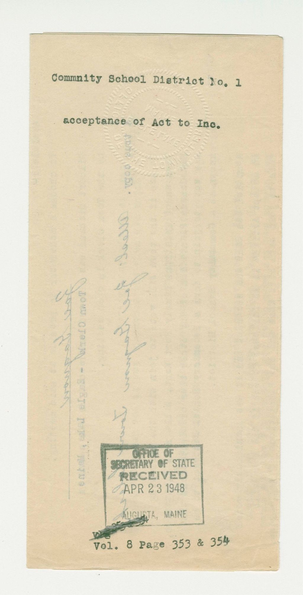 Miniature of Community School District No. 1 acceptance of Act to Inc.