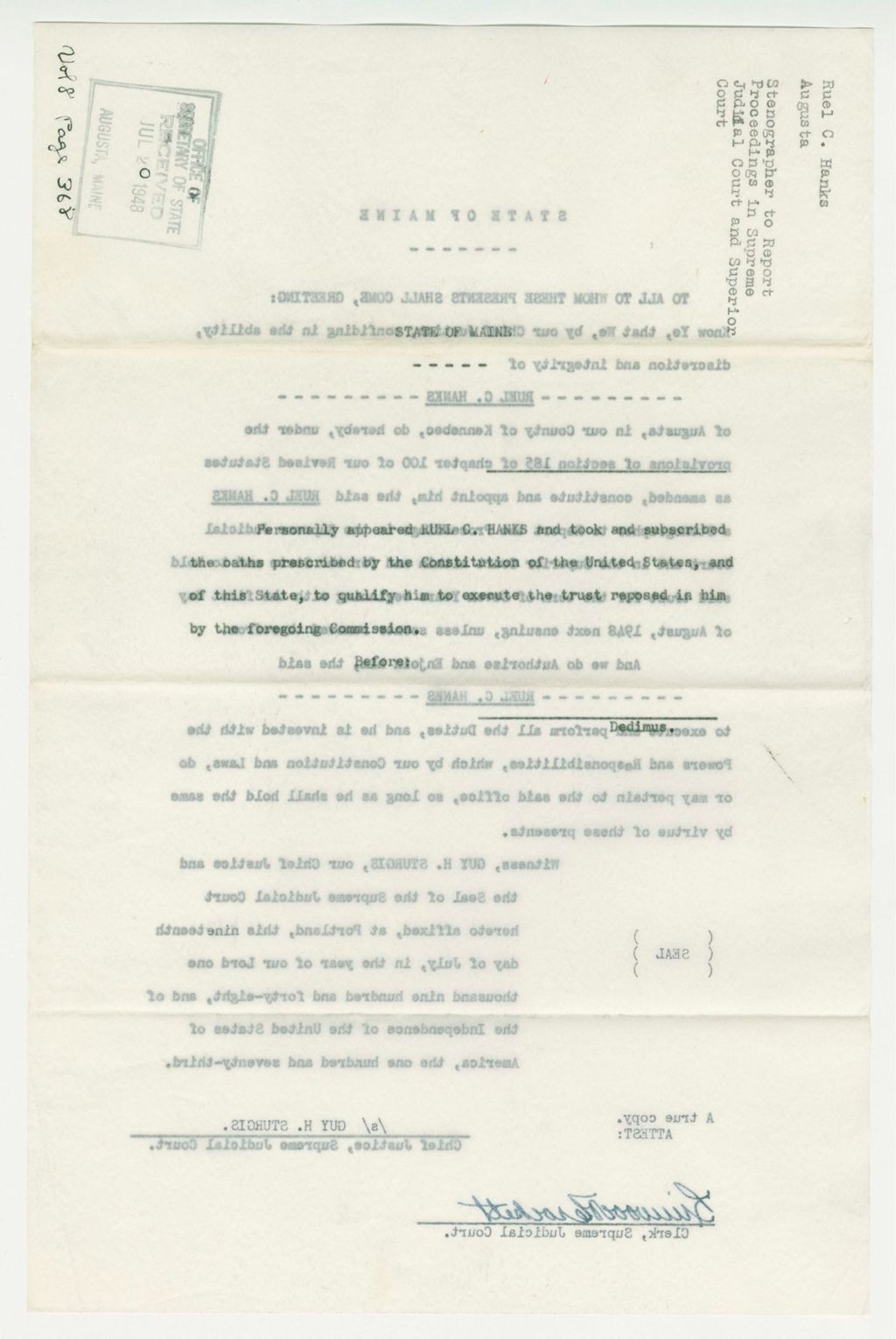 Miniature of Ruel C. Hanks Stenographer to Report Proceedings in Supreme Judicial Court and Superior Court