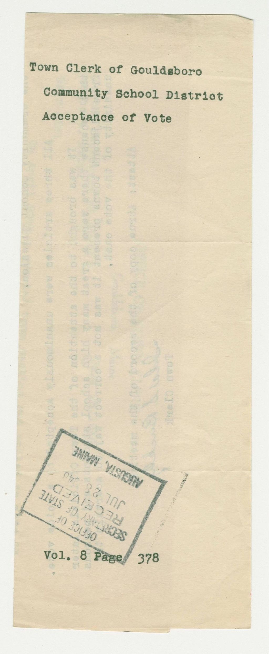 Miniature of Town Clerk of Gouldsboro Community School District Acceptance of Vote