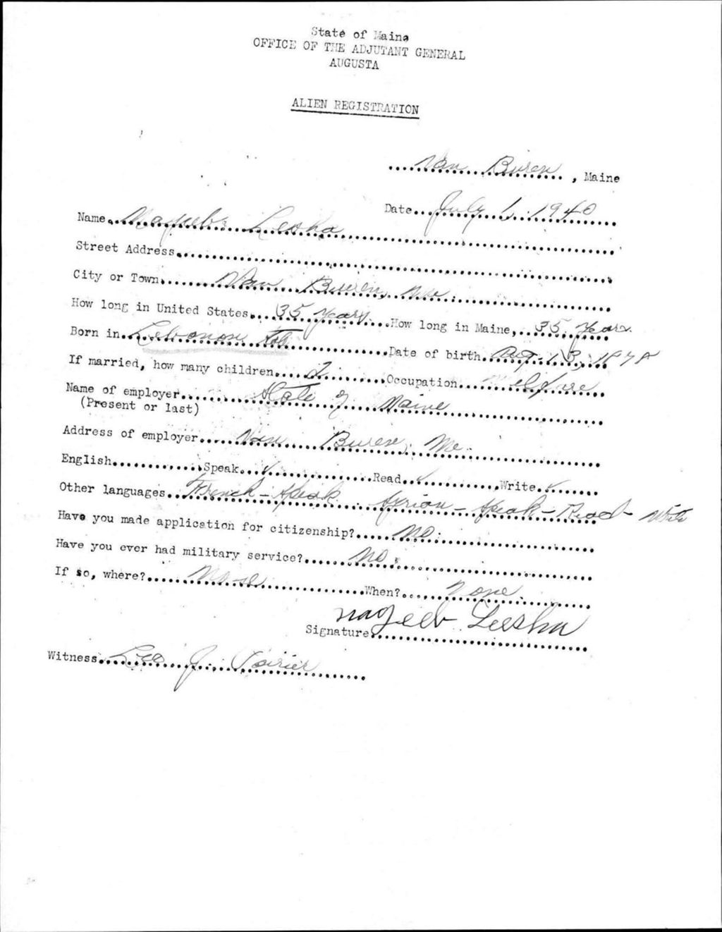 Miniature of Alien Registration- Leesha, Mayeeb (Van Buren, Aroostook County)