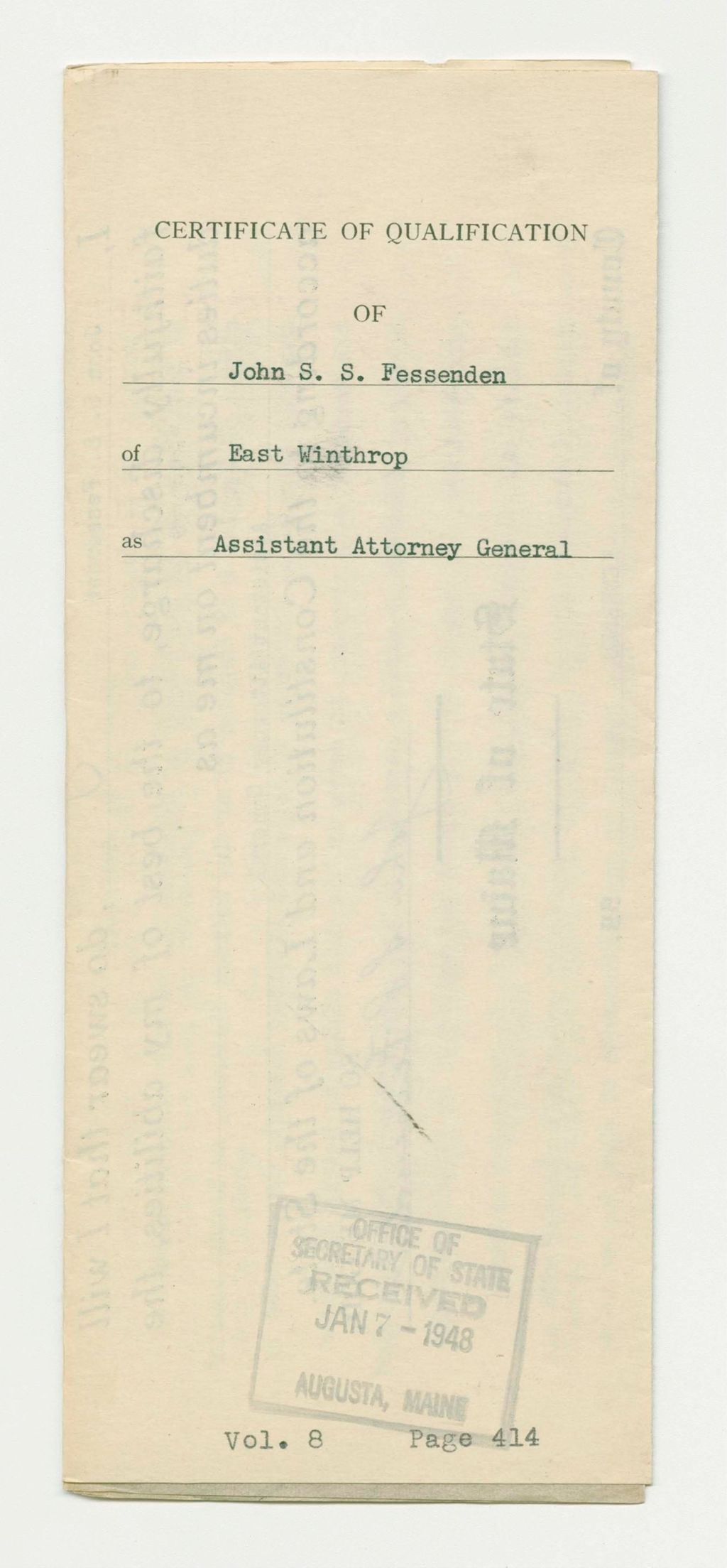 Miniature of Certificate of Qualification of John S.S. Fessenden of East Winthrop as Assistant Attorney General