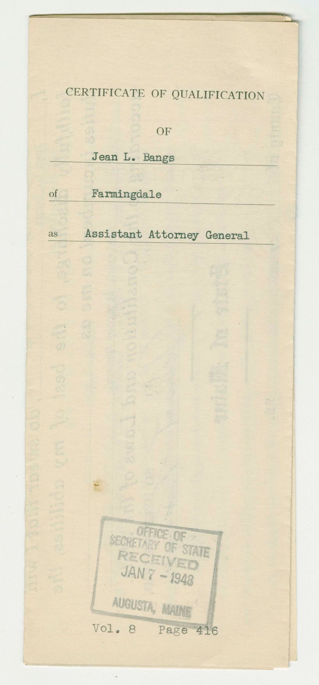 Miniature of Certificate of Qualification of Jean L. Bangs of Farmingdale as Assistant Attorney General