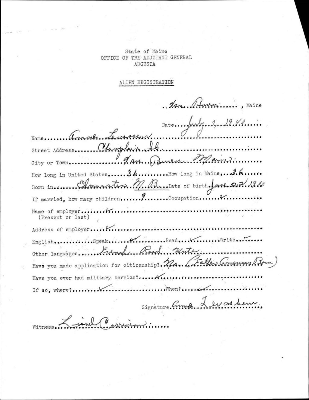 Miniature of Alien Registration- Levasseur, Anne (Van Buren, Aroostook County)