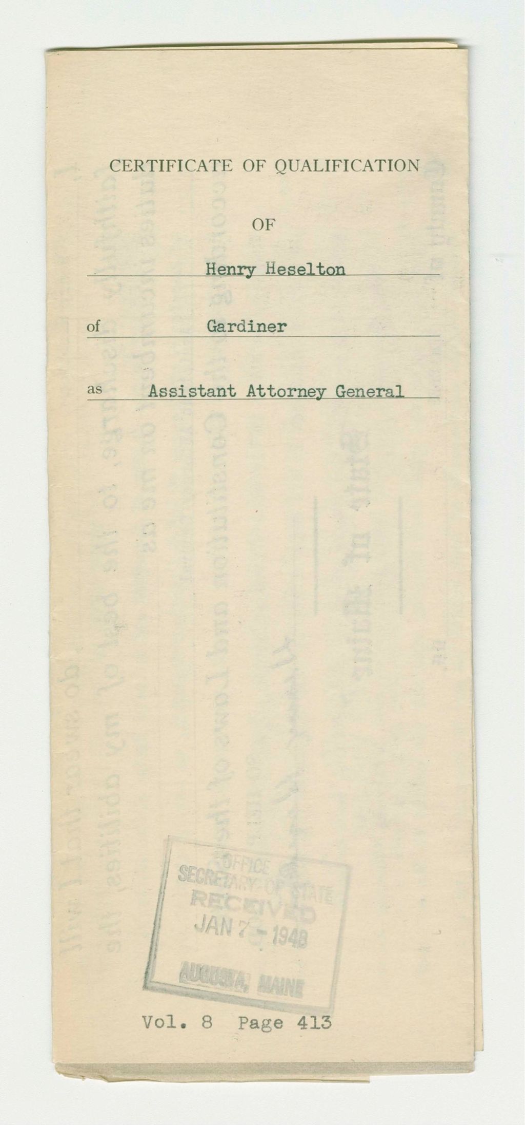 Miniature of Certificate of Qualification of Henry Heselton of Gardiner as Assistant Attorney General