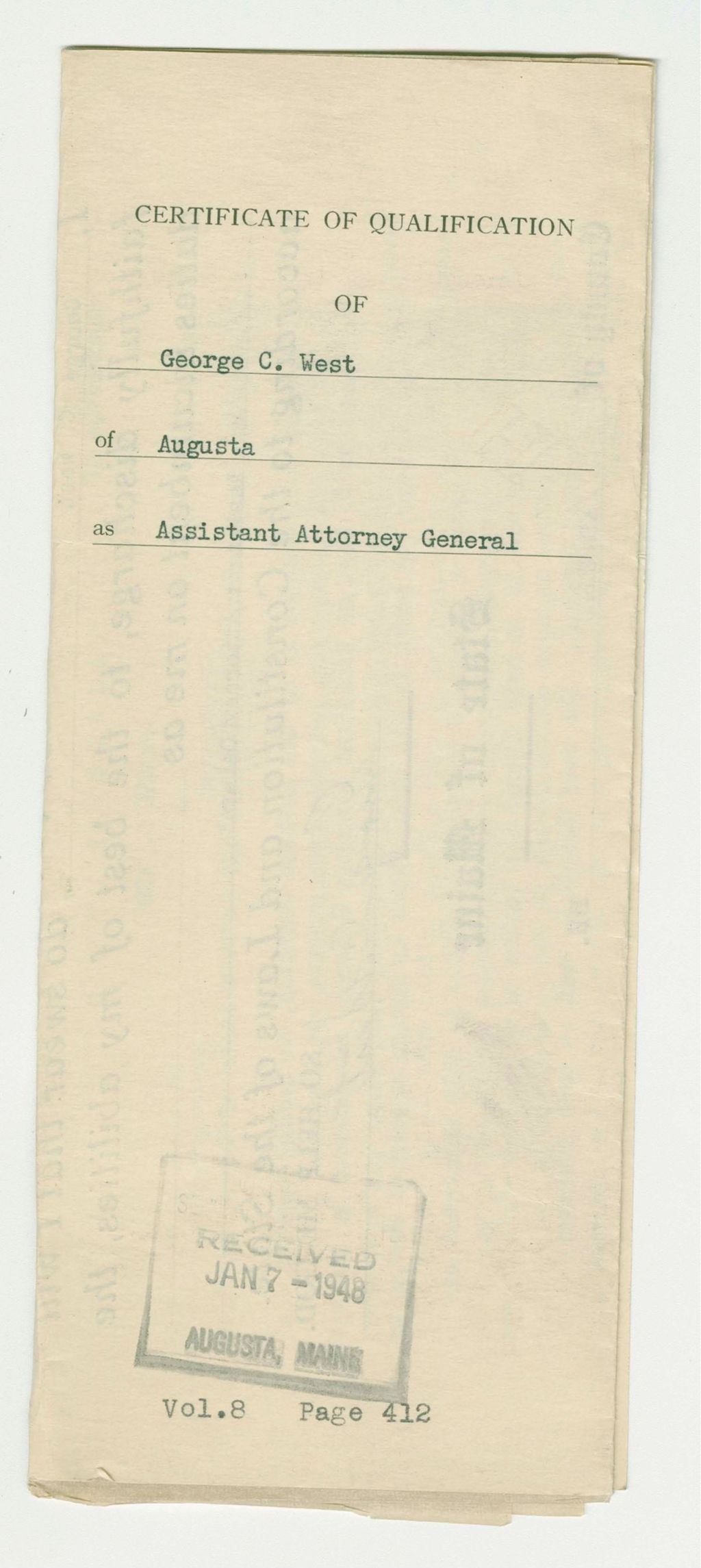 Miniature of Certificate of Qualificiation of George C. West of Augusta as Assistant Attorney General