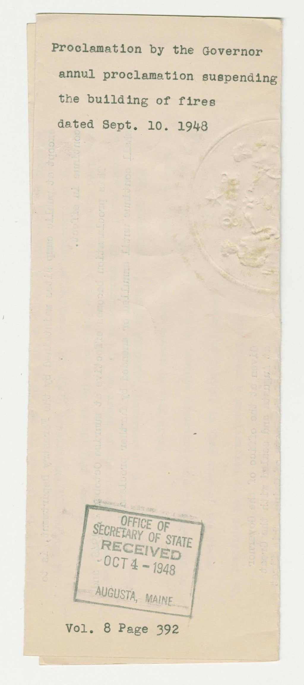 Miniature of Proclamation by the Governor annul proclamation suspending the building of fires