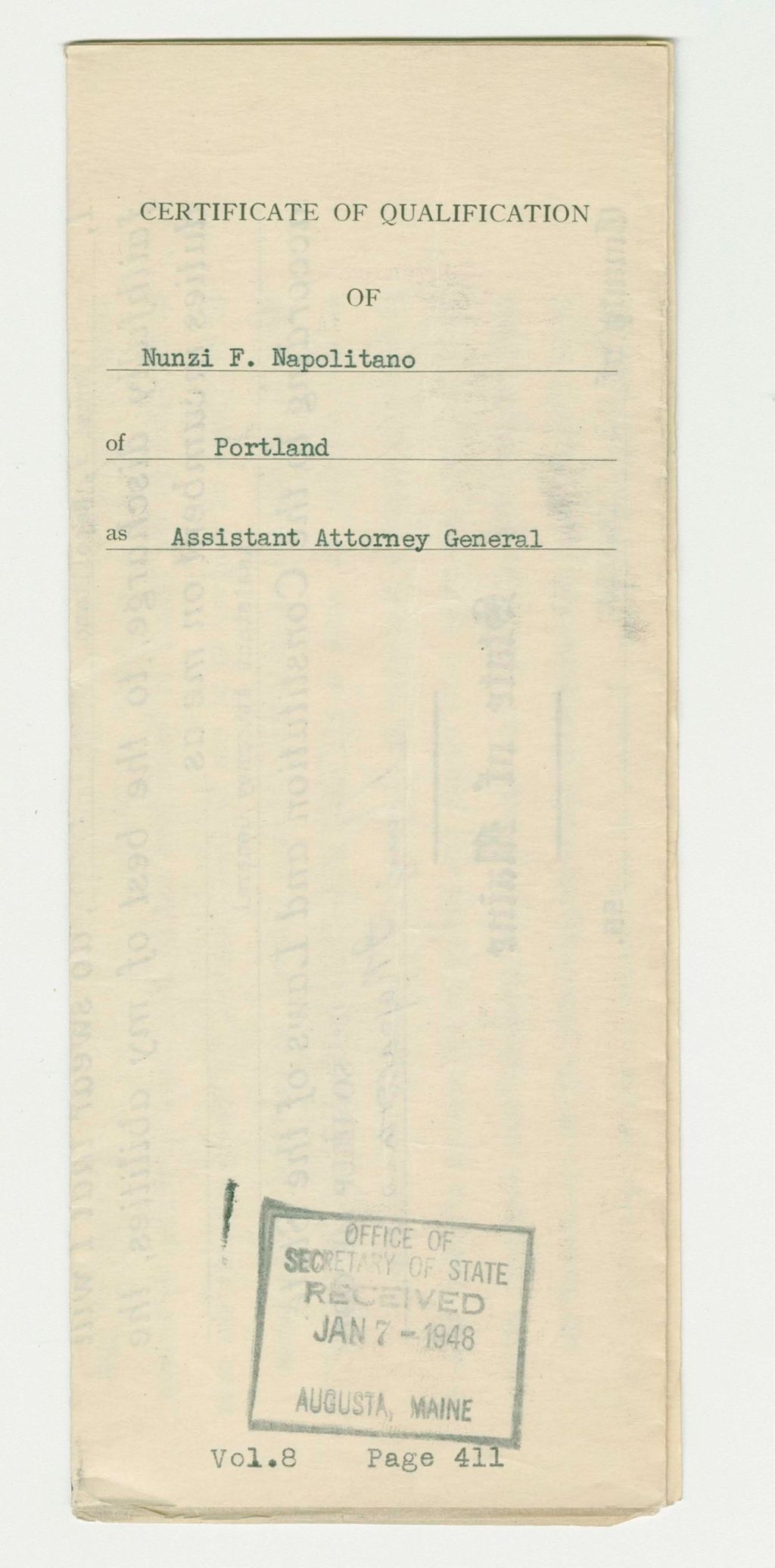 Miniature of Certificate of Qualification of Nunzi F. Napolitano of Portland as Assistant Attorney General