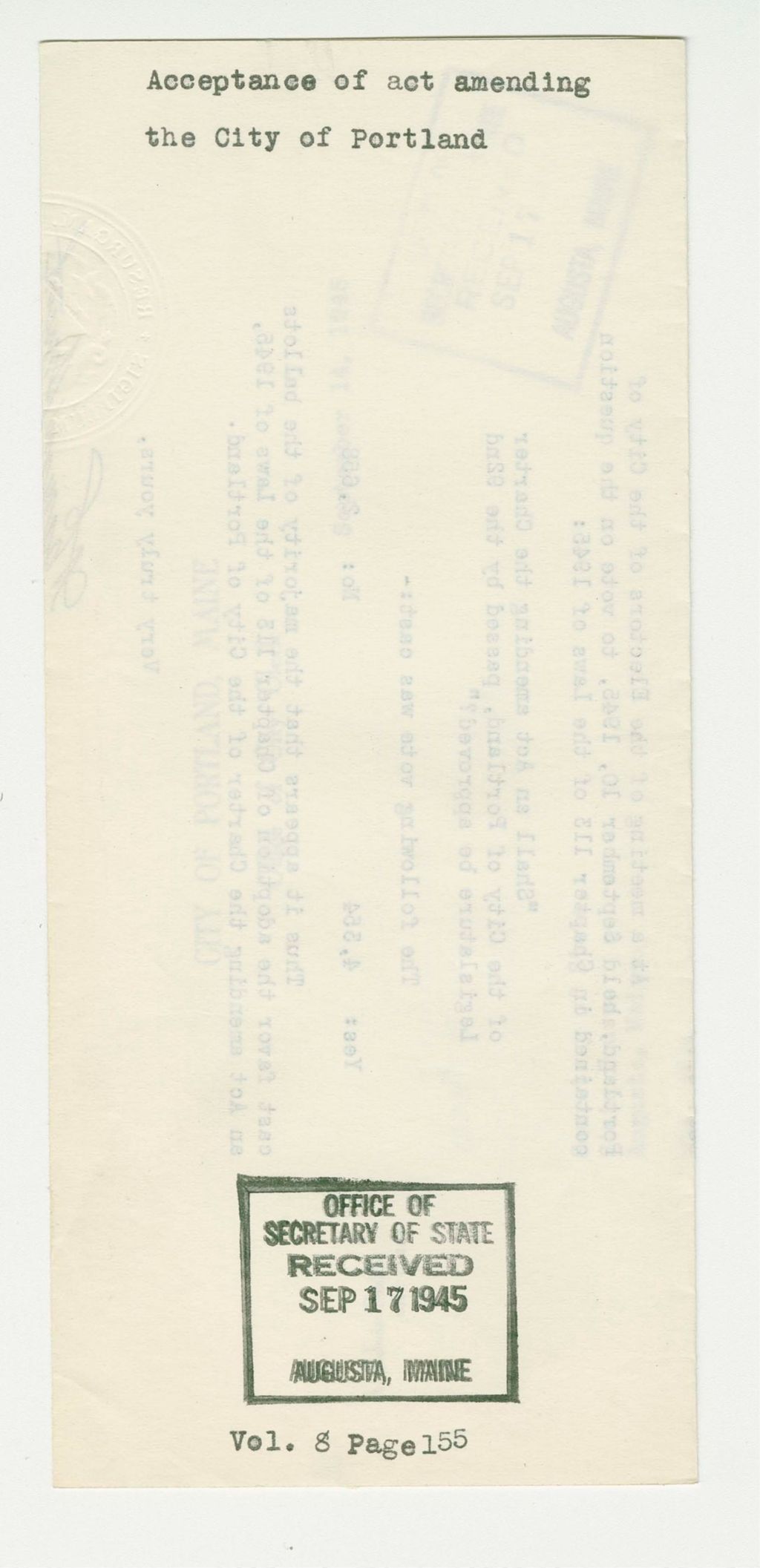 Miniature of Acceptance of act amending the City of Portland