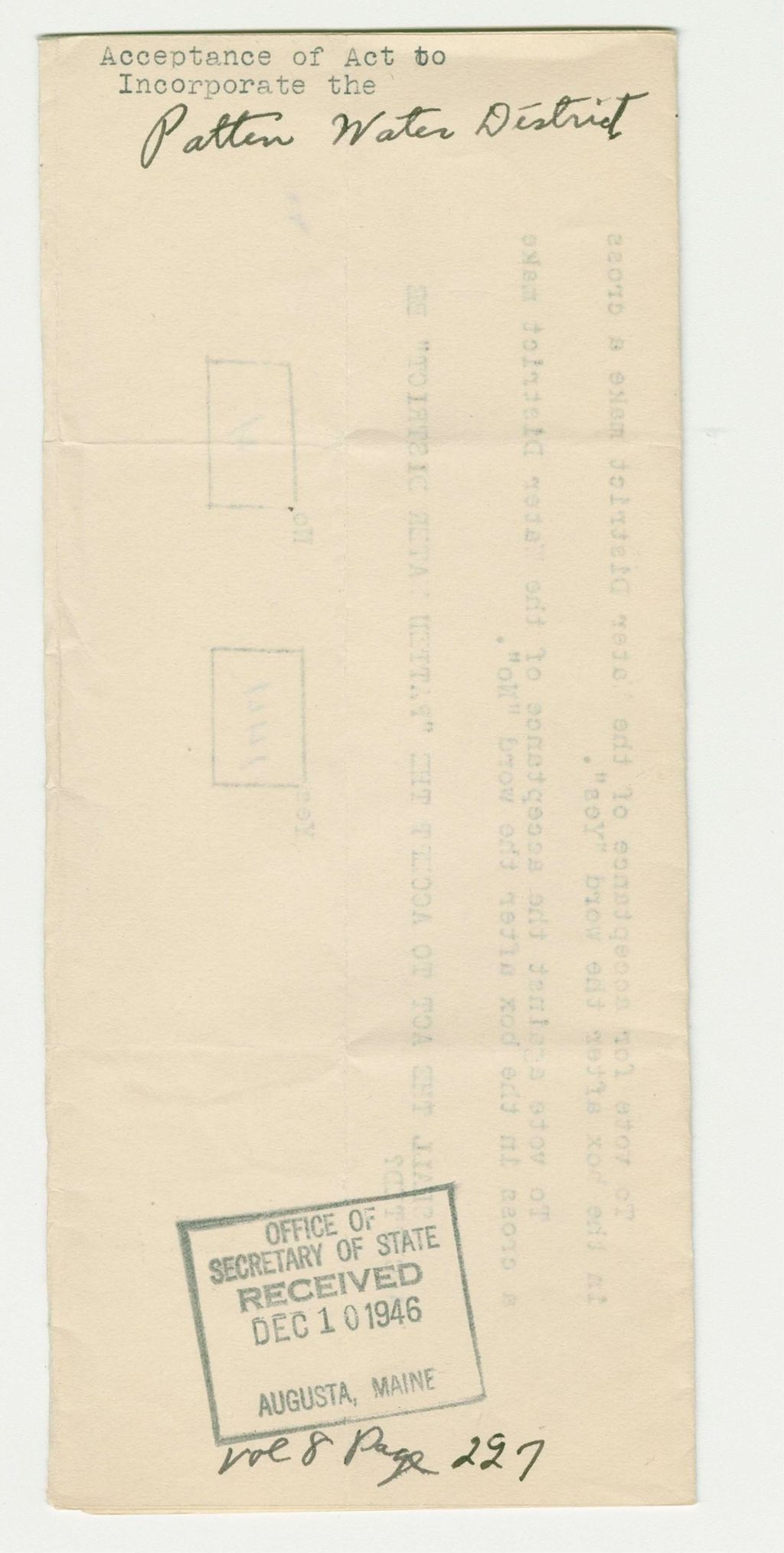 Miniature of Acceptance of act to Incorporate the Patten Water District