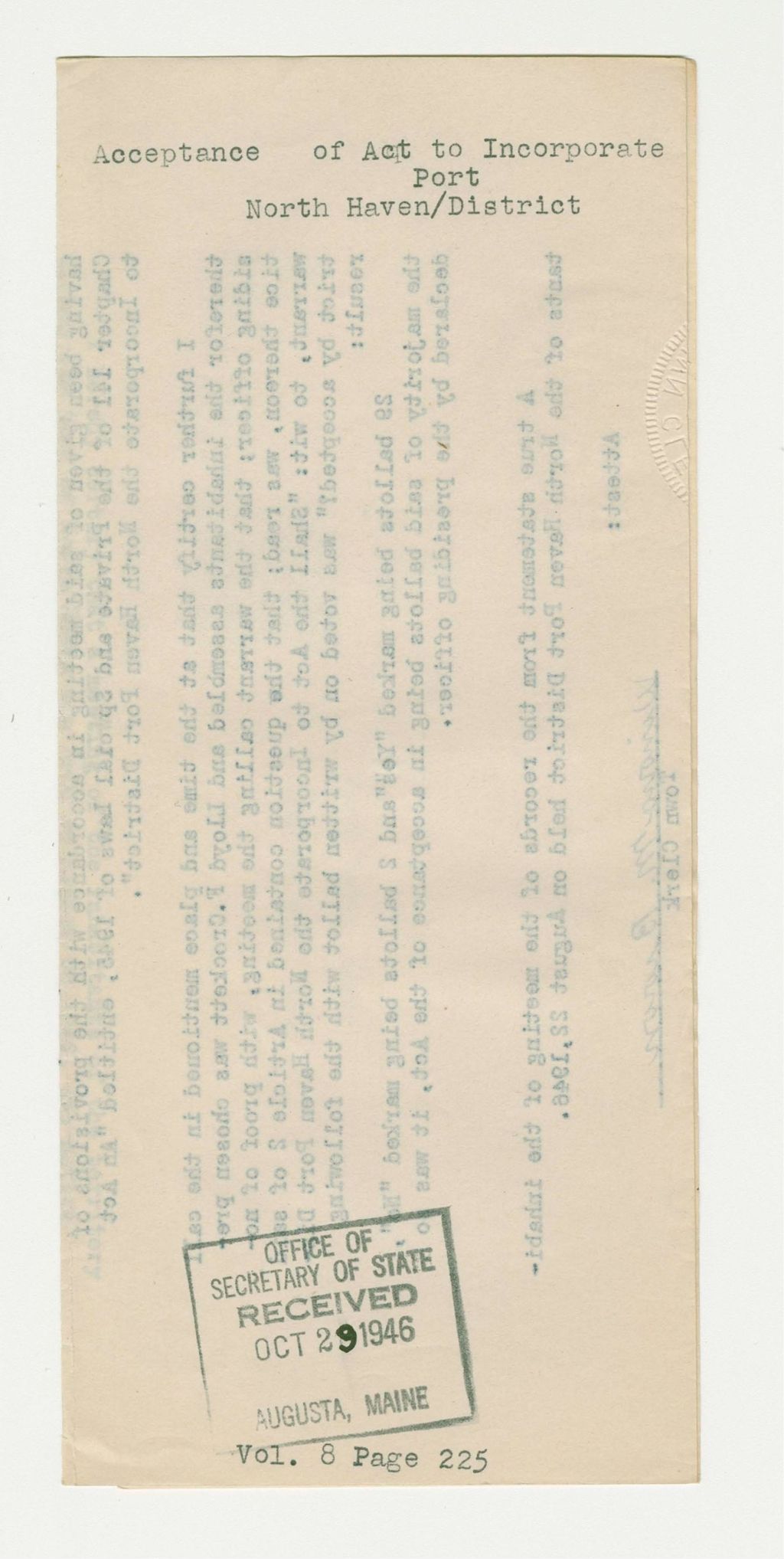 Miniature of Acceptance of Act to Incorporate Port North Haven/ District