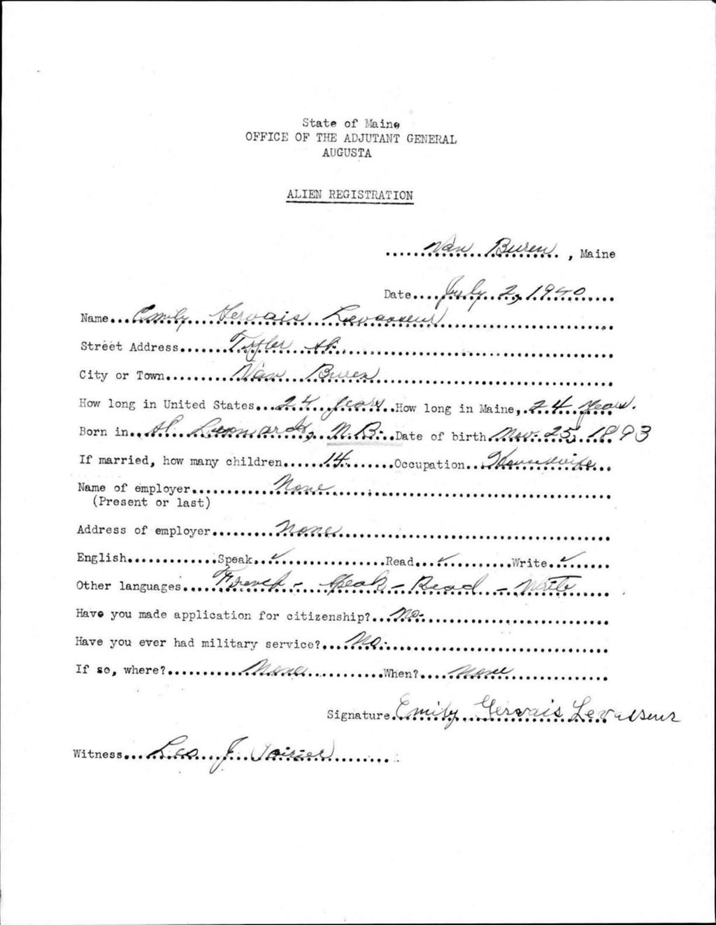 Miniature of Alien Registration- Gervais, Emily (Van Buren, Aroostook County)